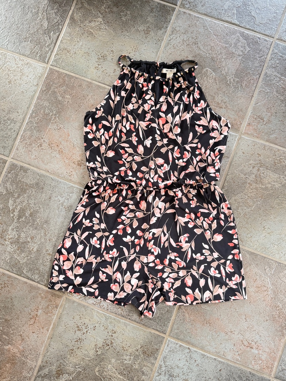 White House Black Market Black Halter Romper with Pink and Cream Floral Print